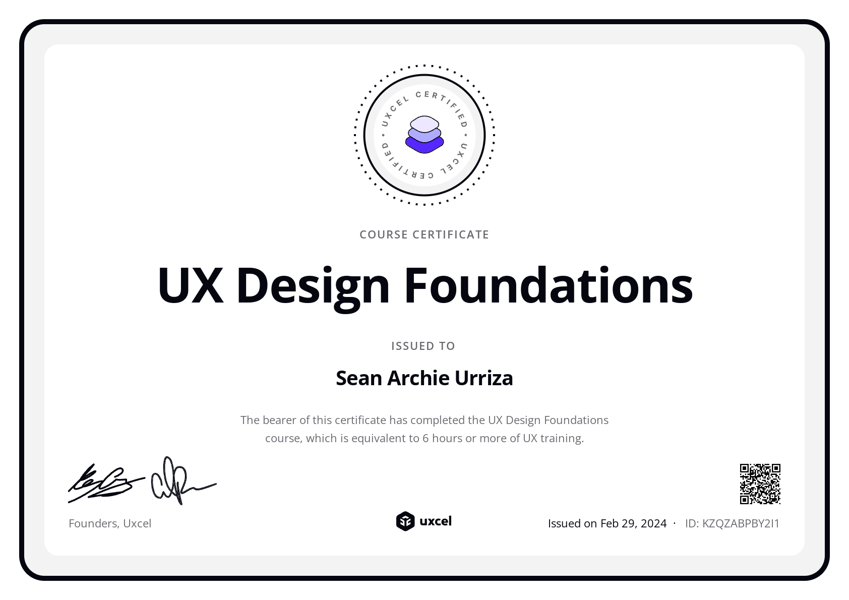 Sean Archie Urriza's certificate